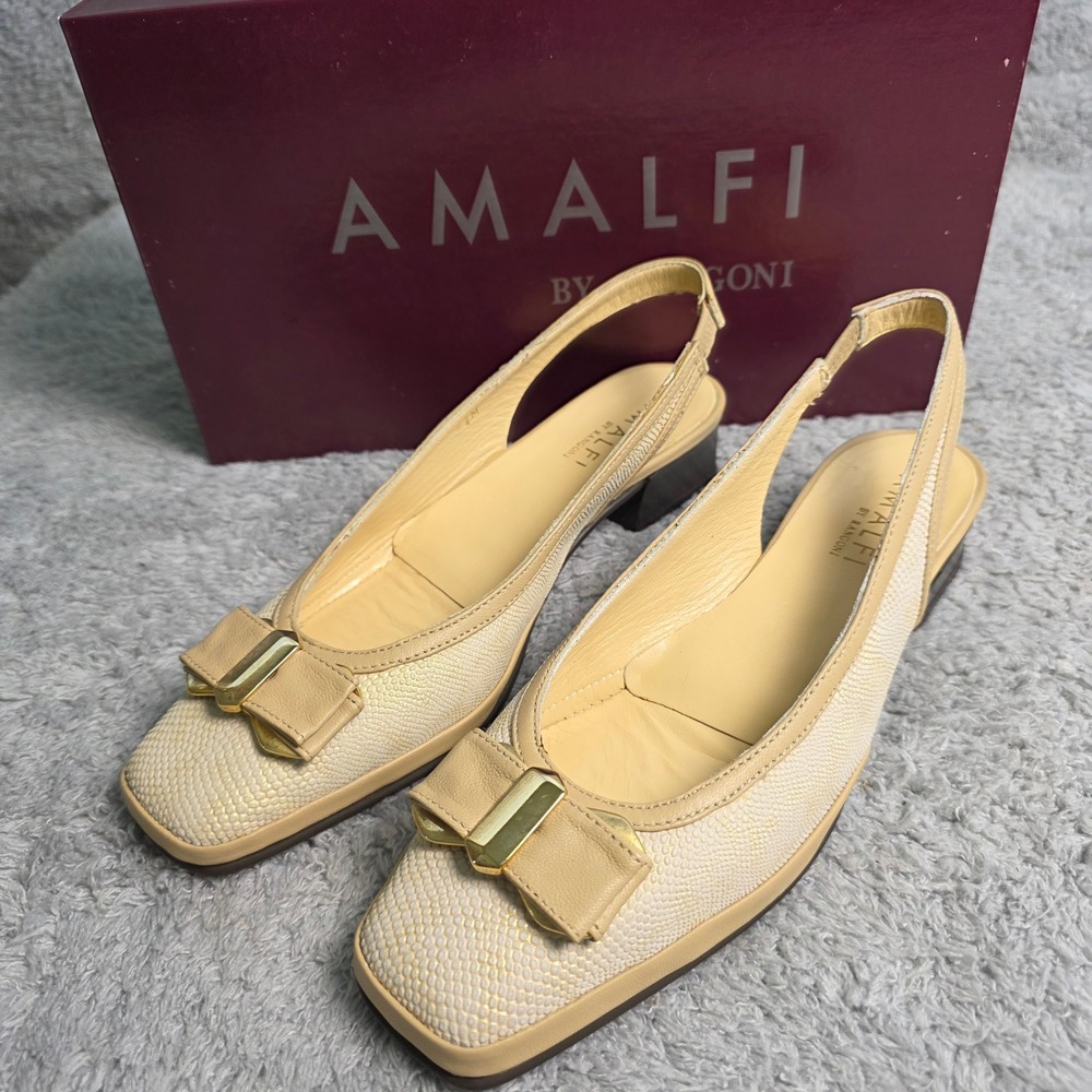Amalfi by Rangoni Ivory Italian‎ Leather Slingback Heels 5.5M Bow Detail NEW